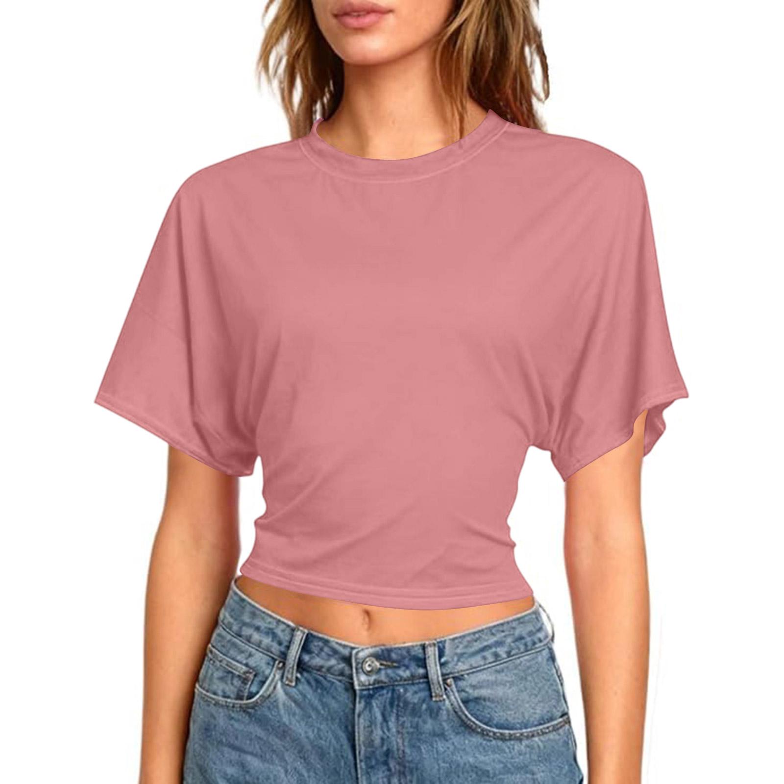 

Женские короткие топы с коротким рукавом для тренировок, сексуальные рубашки без спинки M розовый