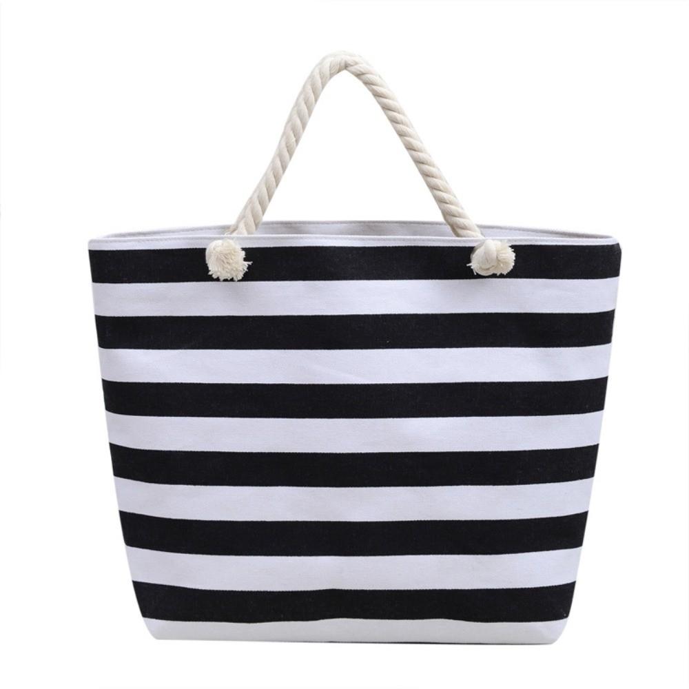 Striped Beach Tote Bag Large Capacity Foldable Travel Handbag Zipper Canvas Shoulder Bag For Travel Work Beach Gym Store