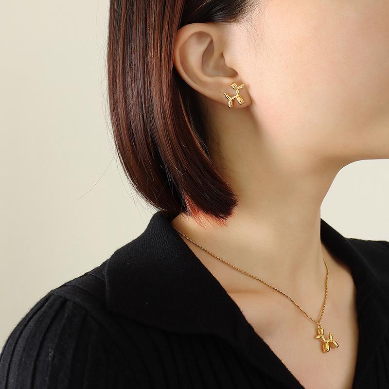 Cute Balloon Dog Clavicle Necklace & Earrings Set in Titanium Steel & 18K Gold