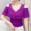 New Korean Summer Women's T-Shirt Hot Diamonds V-Neck Bling Tees Fashion Short-Sleeve Sexy Off The Shoulder Tops