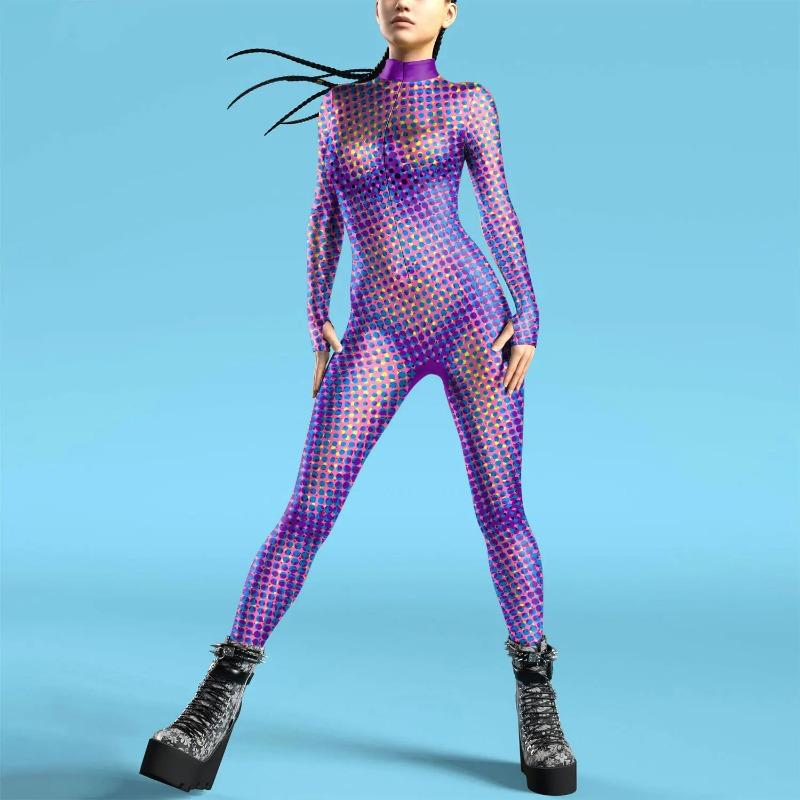 Women Jumpsuit clothing Colorful Texture 3D Print Bodysuit Thumb Sleeves Cosplay Costume Front Zipper Zentai Fitness Outfit