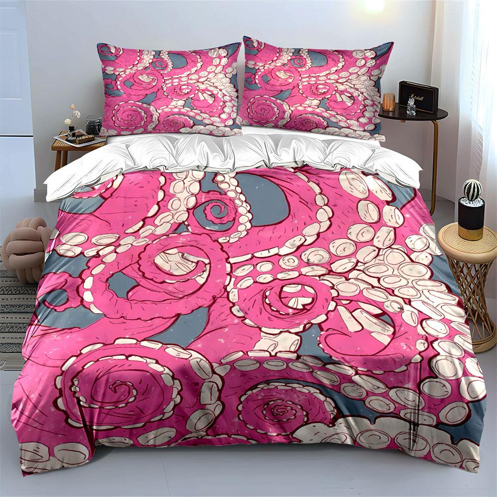 Grosstor Unisex Pink 3Pcs Octopus Tentacles Bedding Set, Ocean Creature Print Duvet Cover Set, Soft Microfiber For Teens And Adults