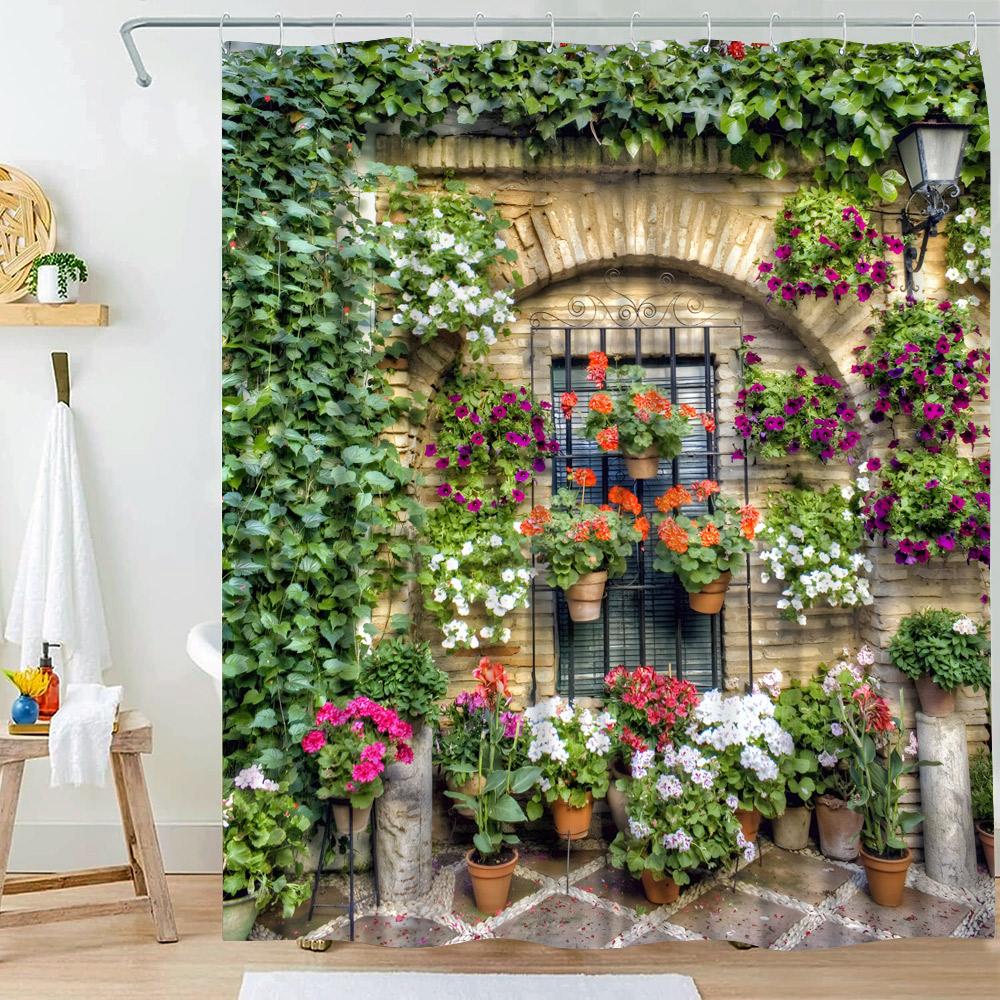 Garden Shower Curtains Arched Door Flowers Plants Floral Bathroom Decorations Nature Scenery Polyester Bath Curtain With Hooks