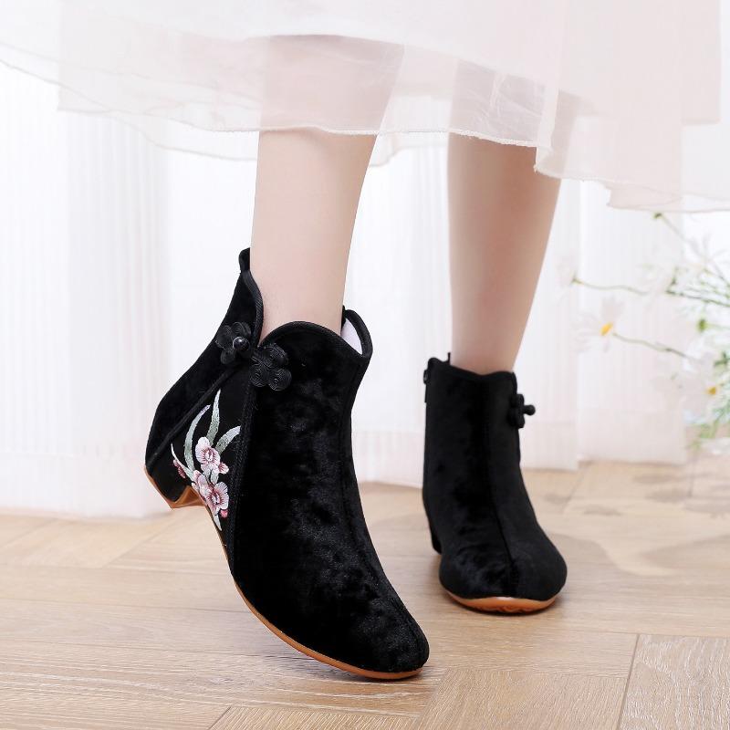 XIHAHA New Fashion Black Velvet Short Booties for Women Retro Crystal Wedding Shoes Woman Embroider High Heels Dance Boots