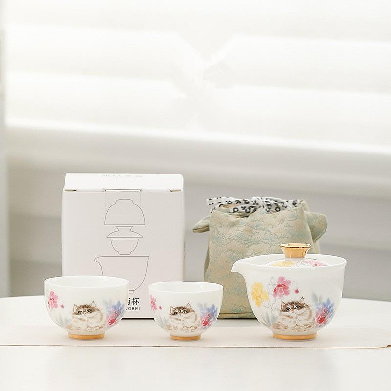 

Hand Drawn Cat Quick Cup One Person Tea Set Portable Travel Tea Set Outdoor Tea Making Storage Bag Four-piece Set