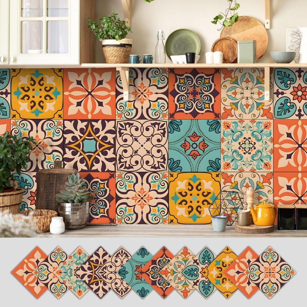 12Pcs Mandala Pattern Backsplash Tile Stickers Multicolor Design PVC Peel and Stick Tile Self-Adhesive Classic Style