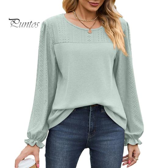 

Женские топы с длинным рукавом и круглым вырезом, сетчатые топы, однотонные, дышащие, с рукавами-фонариками, повседневная футболка, повседневная одежда S зелёный