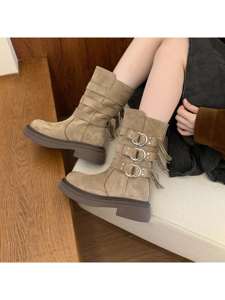 Thick-soled Medium Tube Martin Boots Women's Shoes 2025 New Black British Wind Locomotive Boots Short Boots Spring and Autumn Western Single Boots