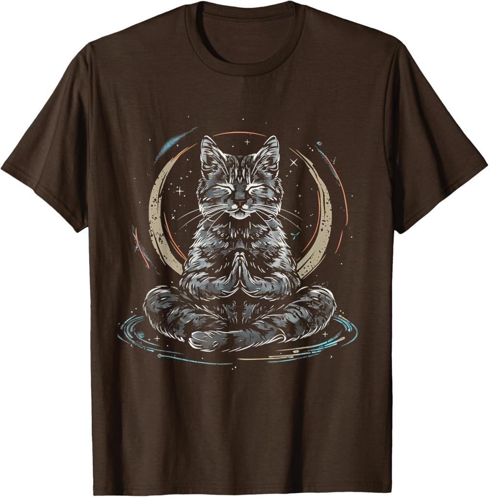 Cosmic Meditation Cat Spiritual Yoga Zen Buddha Graphic Tee Men's Casual Cotton T-Shirt