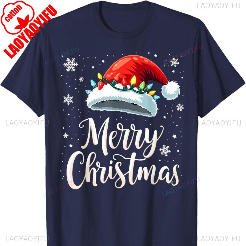Red Santa Hat Christmas Tshirt with Christmas LightsMen and Women Crew Neck Short Sleeve Cotton Top Casual Fashion Comfortable S