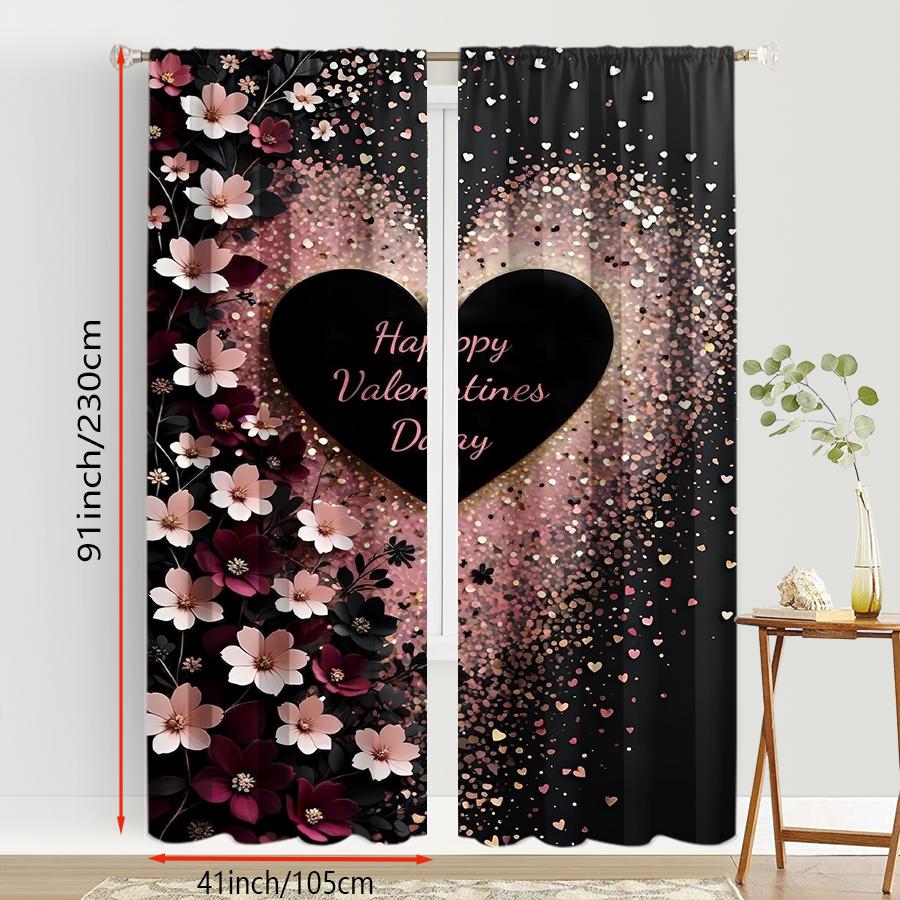 2PCS Black Pink Rose Love Sparkling Gold Curtains   Romantic Style   Suitable for Bedroom and Living Room   Pull Up Pocket Style
