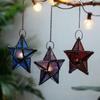 Nordic Retro Iron Art Colored Glass Wind Lamp Windproof Glass Candle Holder Hanging Five Pointed Star Candlestick Garden Decor