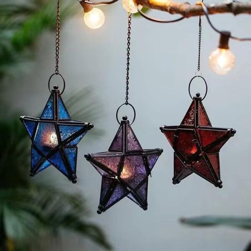 Nordic Retro Iron Art Colored Glass Wind Lamp Windproof Glass Candle Holder Hanging Five Pointed Star Candlestick Garden Decor