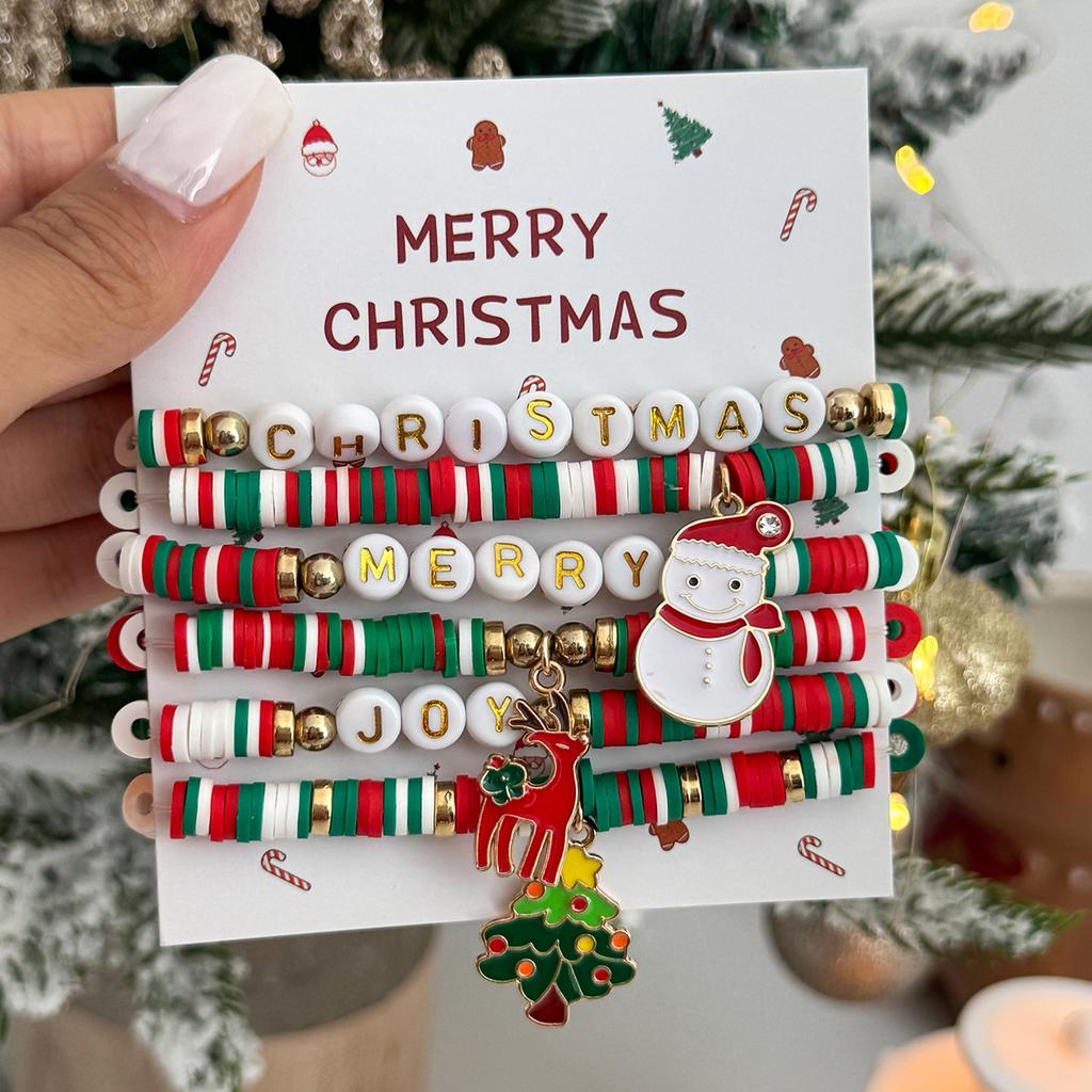 SHIXIN 6Pcs/Set Merry Christmas Letter Bracelets for Women Cute Christmas Tree Snowman Elk Pendant Bracelet Elastic Rope Bangle
