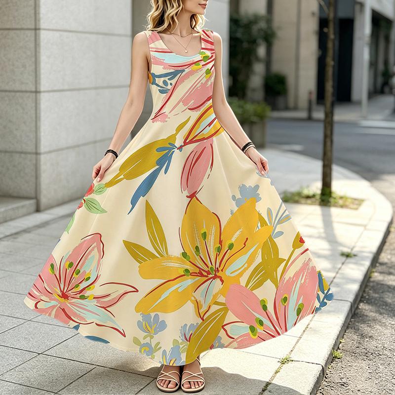Floral Maxi Dress,Loose Sleeveless Lightweight Flowy Beach Vacation Dress,Vibrant Color,Stylish & Versatile for Daily Casual Wear