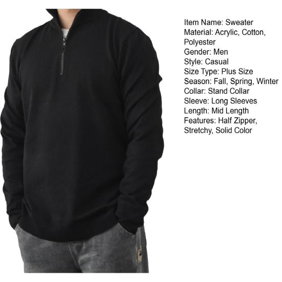 Yousheng Men Sweater Coat Half Zipper Knit Elastic Long Sleeves Stand Collar Outerwear Plus Size English Style Daily Wear School Mid Length Sweater