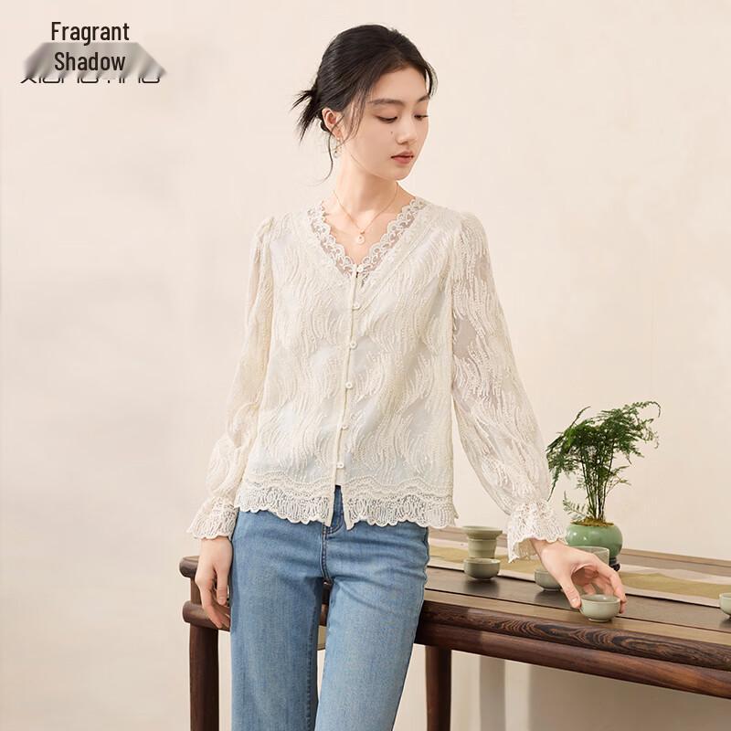 Women s French Style Lace V-neck Long Sleeve Blouse S