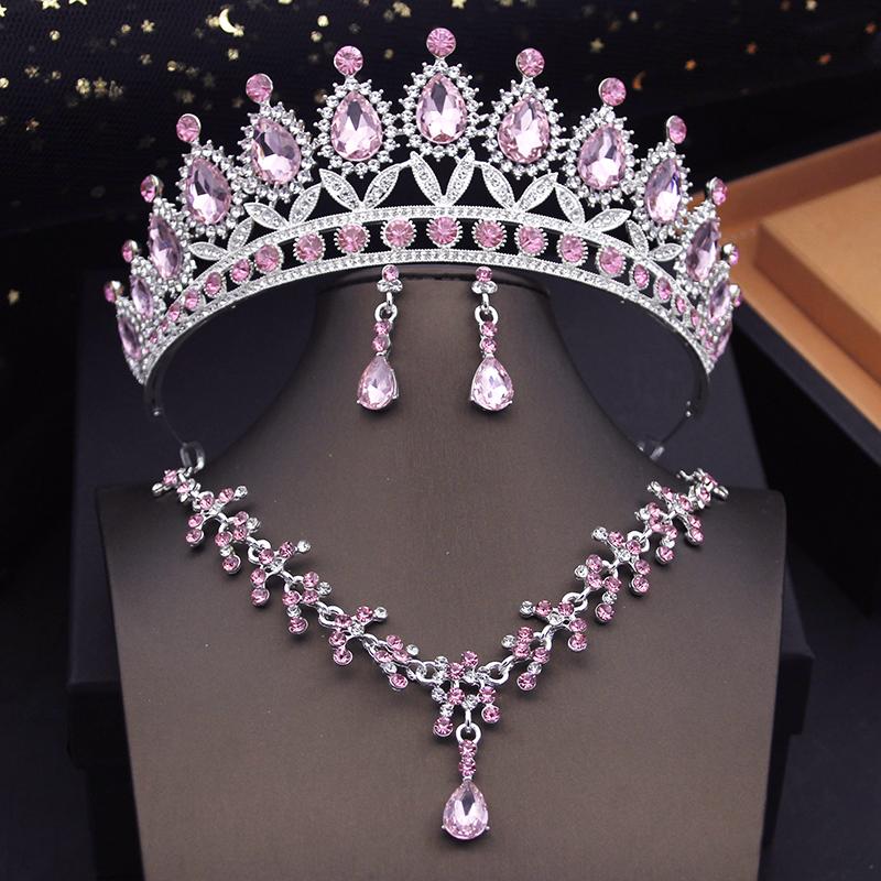 

Роскошные фиолетовые свадебные комплекты ювелирных изделий для женщин, колье, серьги с короной, свадебный комплект невесты, аксессуары для костюма розовый цвет-серебро