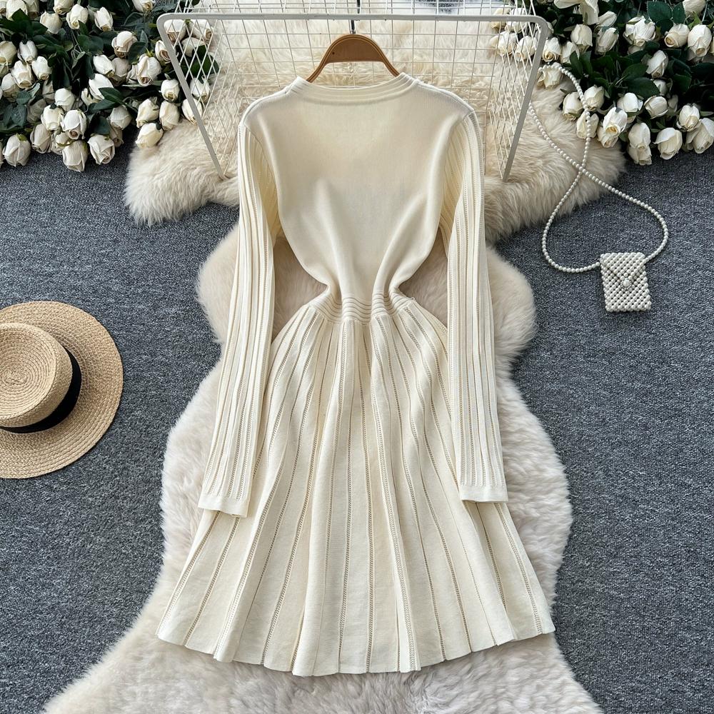 Autumn Winter Women Casual O-neck Full Sleeve Knitted Sweater Pullover Dresses