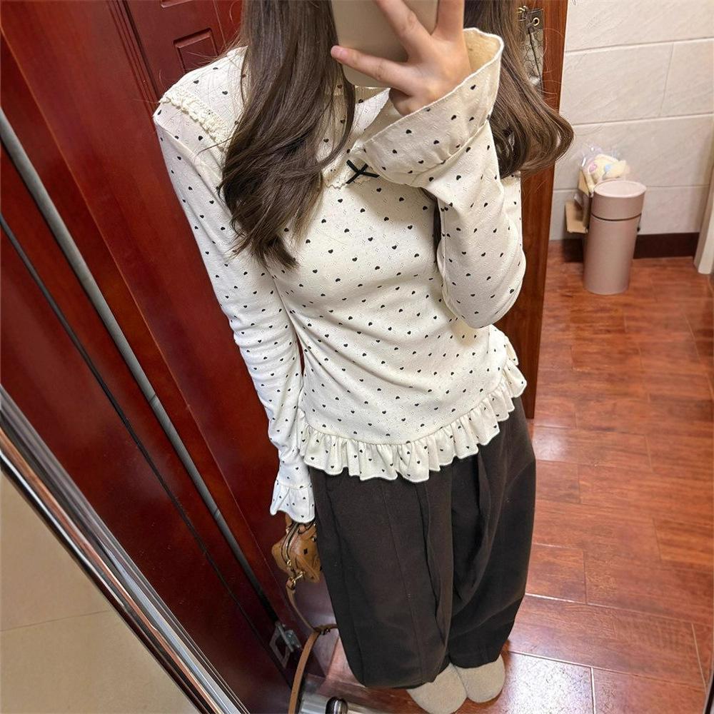 Women's Chic Korean Heart Print Bowknot Slim Long-Sleeved Base Layer Top