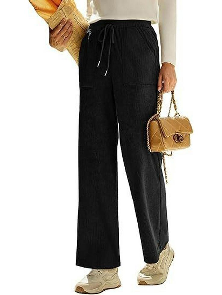 2026 Spring Elastic High Waist Lace-Up Corduroy Pants, Wide-Leg, with Pockets, Casual Long Trousers.