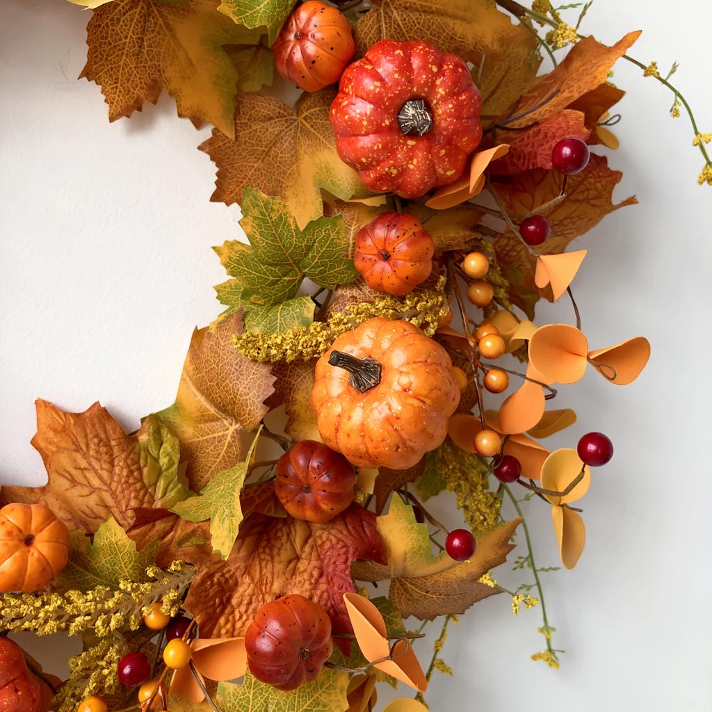 Autumn Harvest Wreath with Pumpkins & Berries. Durable, No Maintenance. Perfect for Thanksgiving & Halloween Decor.