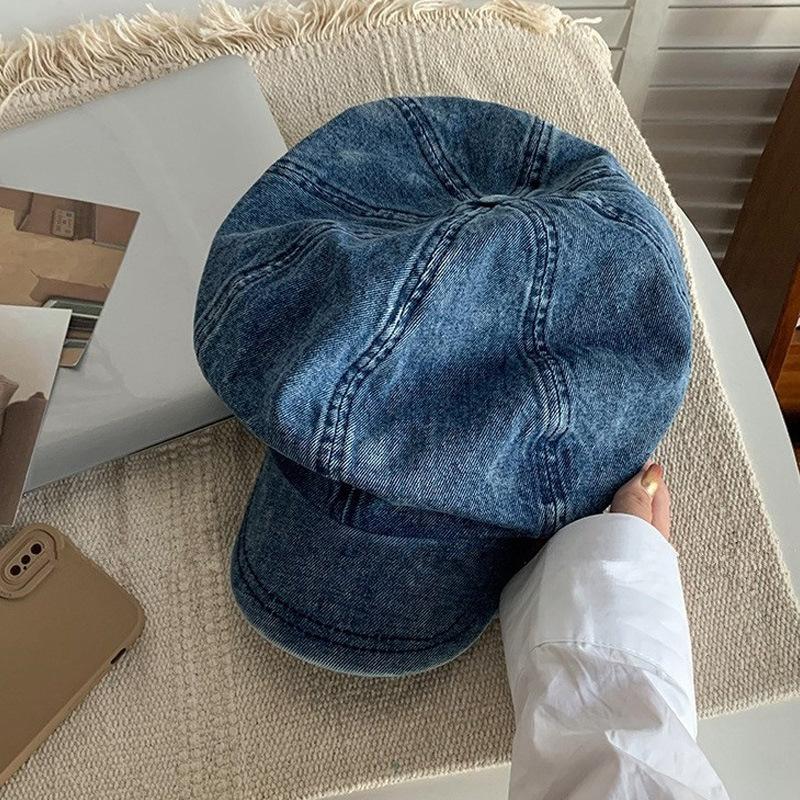 Spring and autumn washed cotton cowboy female painter hat retro octagonal hat big head circumference showing face small beret retro style
