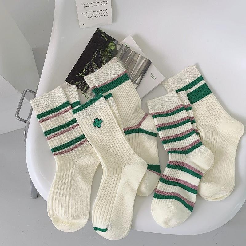 5 Pairs of Women's Spring and Autumn Striped Embroidered Cotton Socks