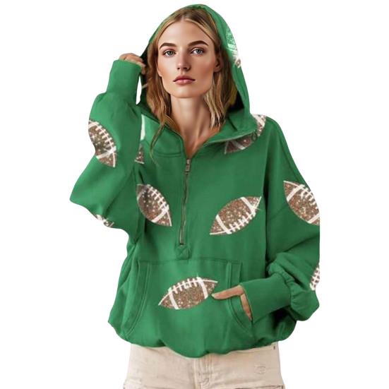 Hooded Sweatshirt for Women Half Zip Oversized Hoodies with Sequin Rugby Print Fall Casual Pullover Tops with Pockets