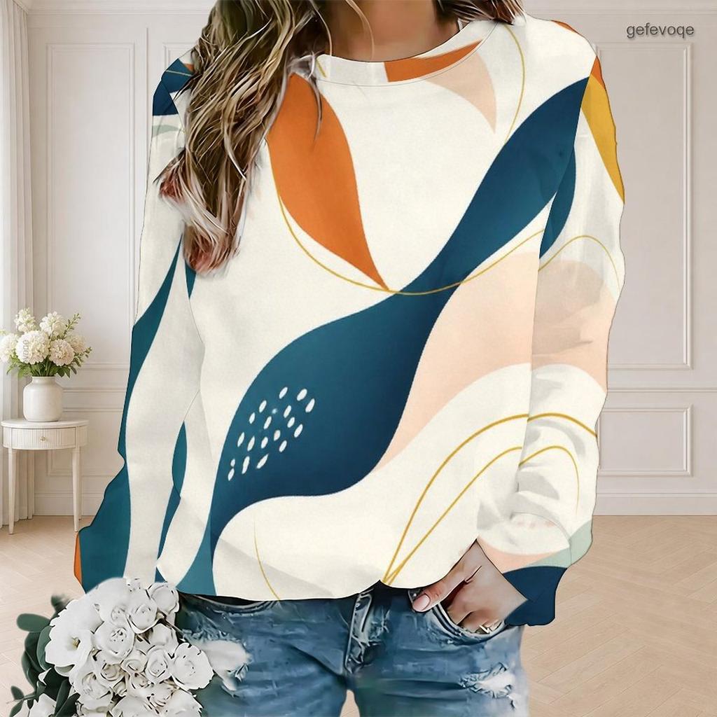 Women Plus Size Round Neck Long Sleeve Abstract Printed Casual Pullover Sweatshirt
