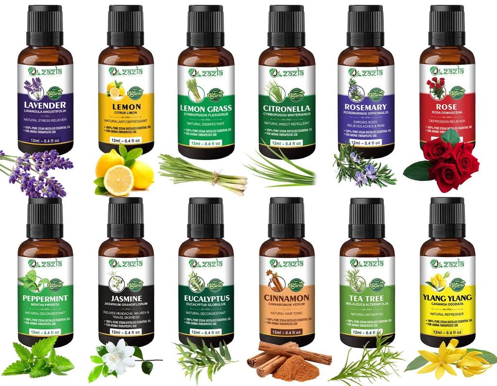 Zazla Essential Oils Set of 12 (Lavender, Lemon, Lemongrass, Citronella, Rosemary, Rose, Peppermint, Jasmine, Eucalyptus, Cinnamon, Tea Tree