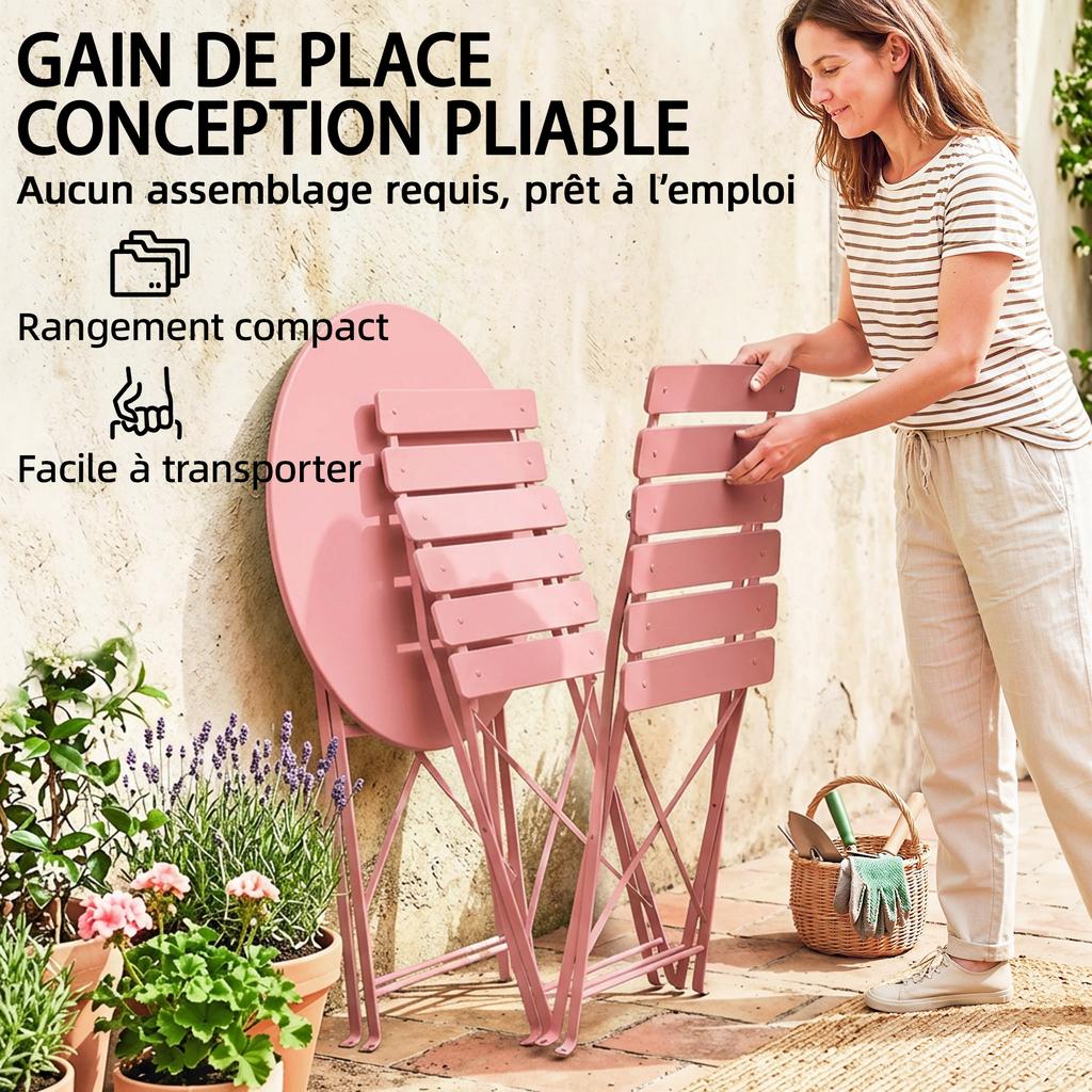Garden Bistro Set 3 Pieces Table and 2 Folding Slatted Chairs Double Rust Protection Pink