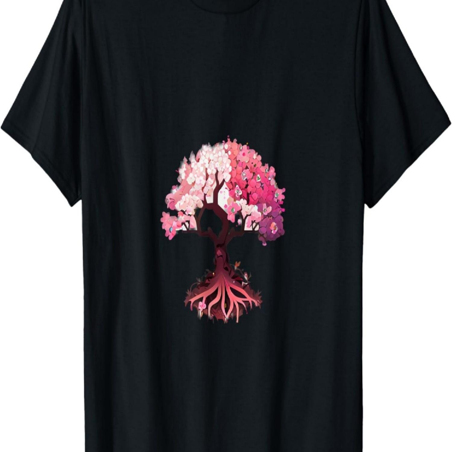 pink and white flowers cherry blossom tree of life Yggdrasil T-Shirt S чёрный