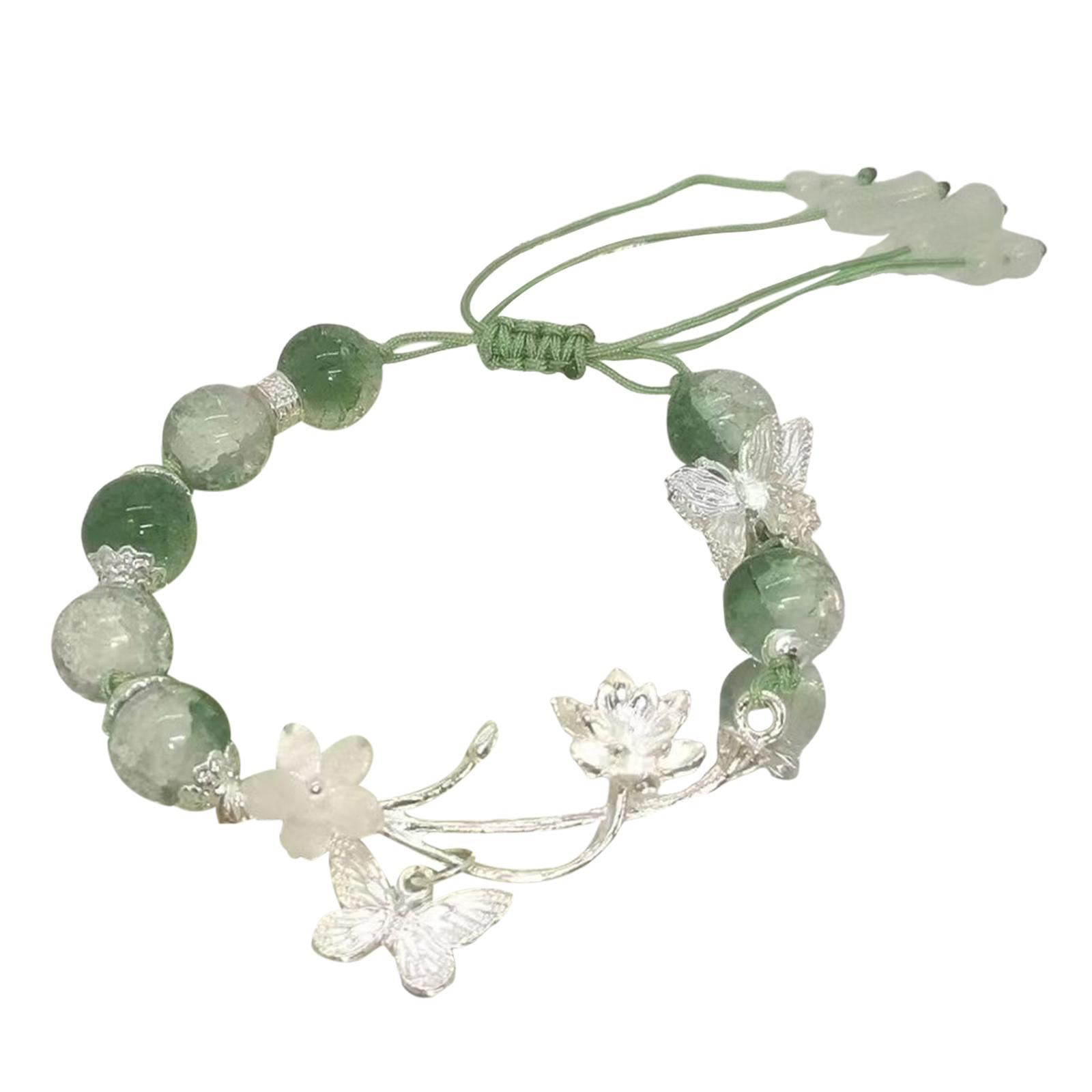 Chinese Style Glass Beaded Bracelet with Butterfly Charm Elegant Green Beaded Wrist Jewelry Gift for Women Girls Birthday Party