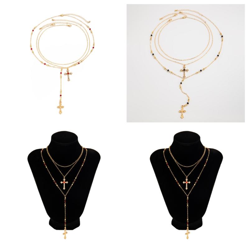 Luxury Rhinestone Cross Pendant Necklace For Women Girls Vintage Colorful Long Y-Shaped Necklace Hip Hop Party Body Jewelry Gift