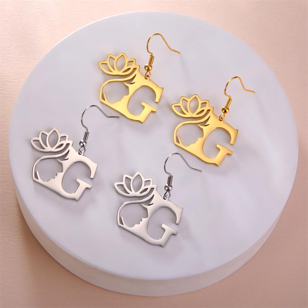My Shape Beauty Flower Letter Drop Earrings for Women A-Z Alphabet Initials Lotus Stainless Steel Fashion Jewelry Kids Female