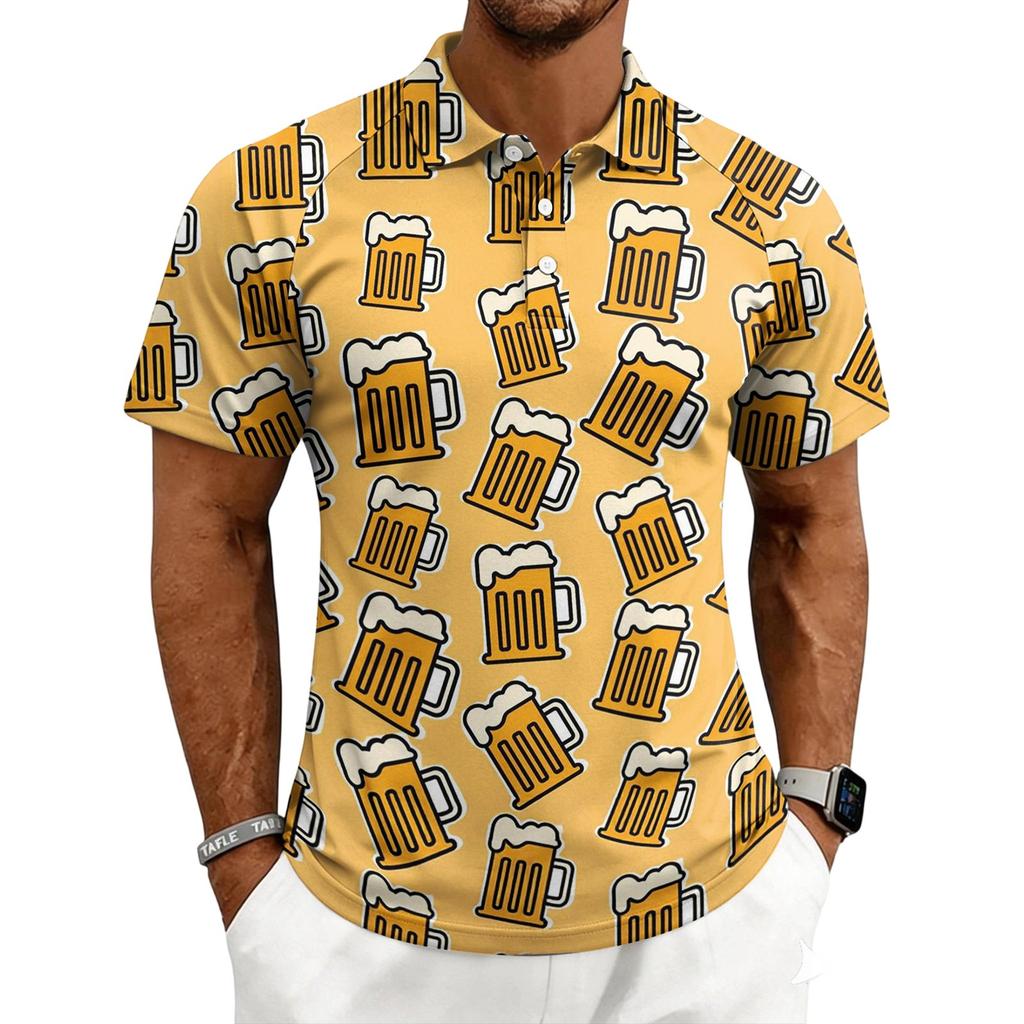 Men's Casual Polo Shirt Short Sleeve Button Down Collar Printed Pattern Lightweight Breathable Fabric Summer Top