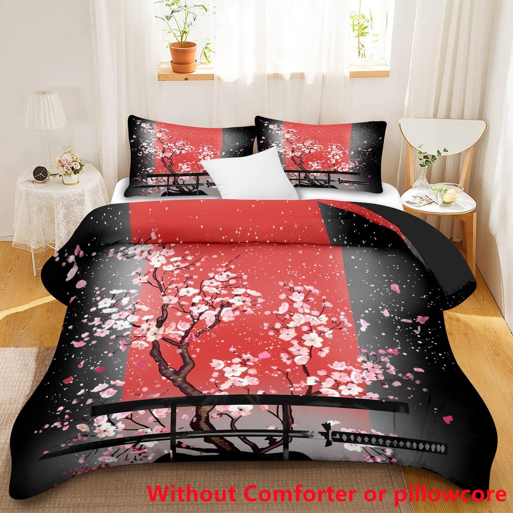 Japan Style Black White Ink Style Samurai Sword Red Sakura 3D Printed Quilt Cover Set Elegant Sakura Bedding Cover Pillowcase