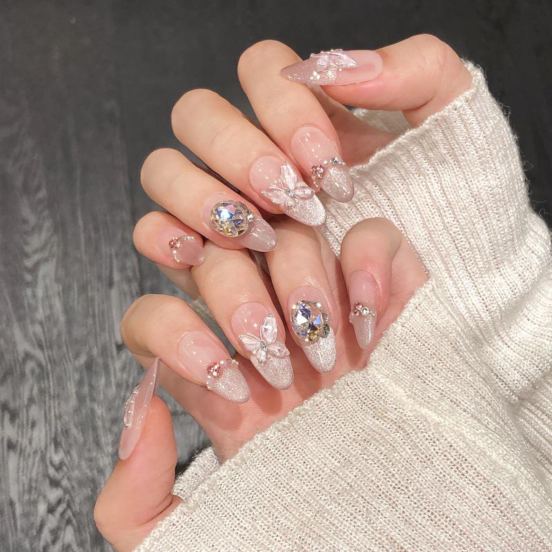

Summer Night Dream: Handcrafted Gel Blush Cat Eye Nails with 3D Butterfly & Ice Crystal Design, Detachable
