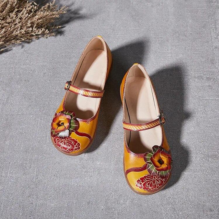 Johnature Vintage Květinové klíny Sandály Ručně vyráběné pravé kůže v etnickém stylu Pohodlné dámské boty