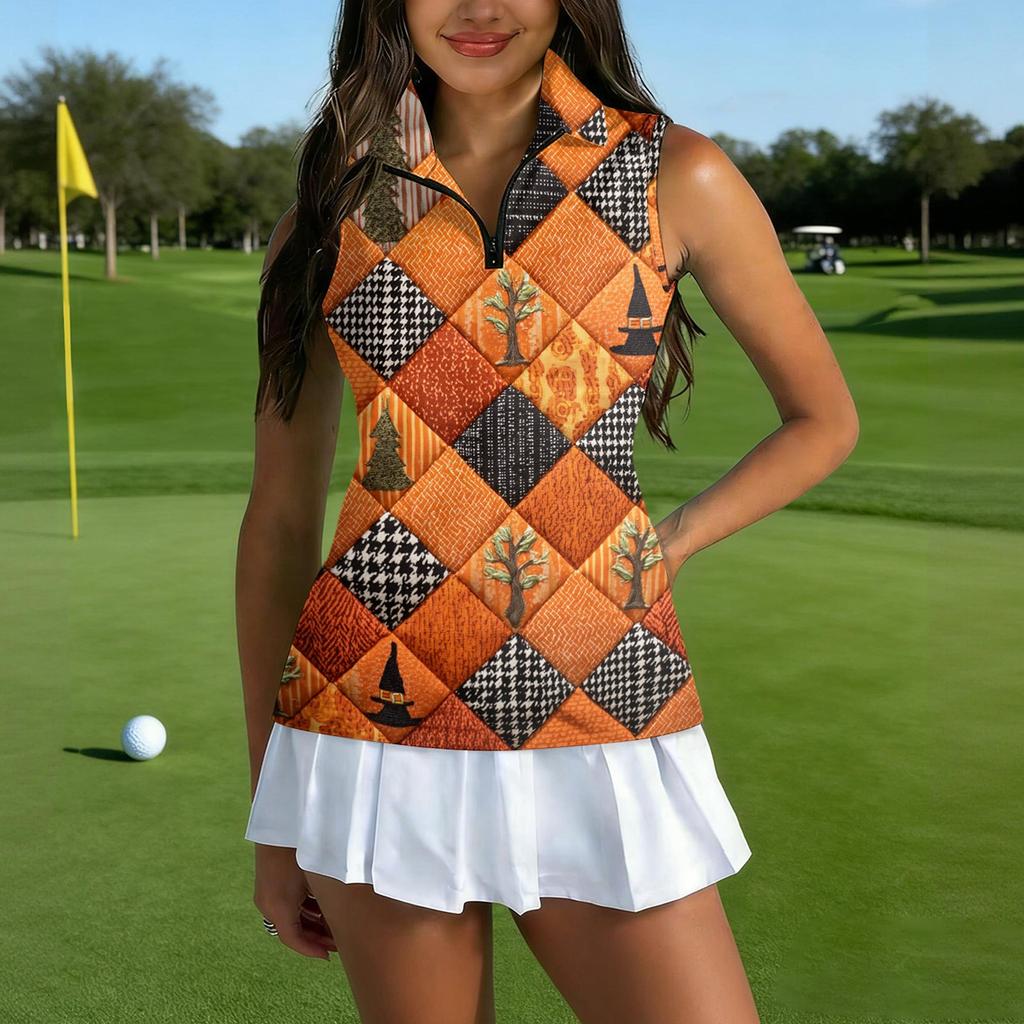Cadılar Bayramı Baskılı Kadın Günlük Golf Kolsuz Fermuarlı Spor Yeleği