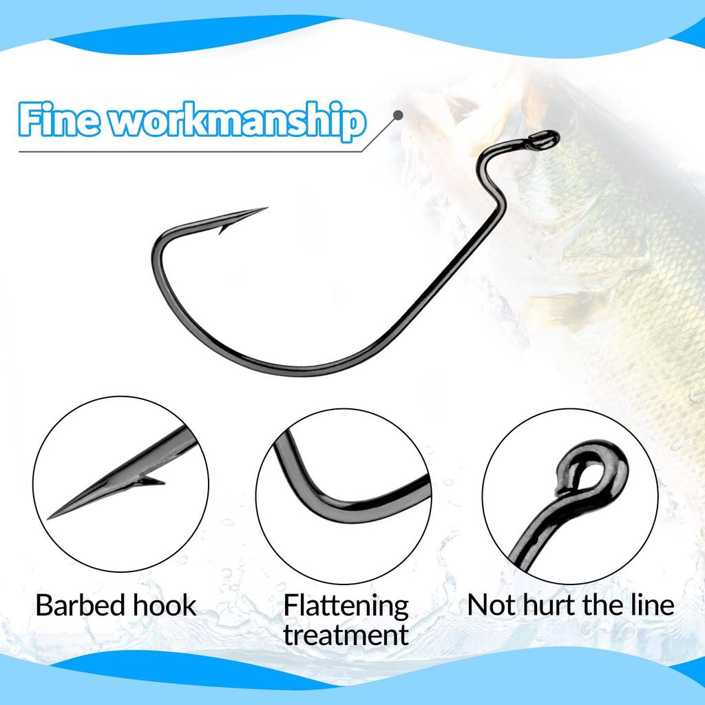 THKFISH Box Offset Hook Barbed Shank Worm Round Bend Wide Gap Offset High Carbon Steel Bass Fishing Sizes and 100-Piece Set, Hooks, Hooks, Hooks, #2,
