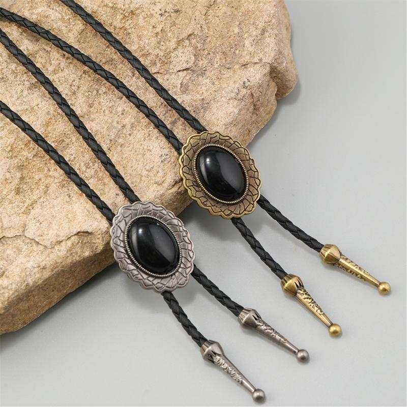 Men's Adjustable Western Bolo Tie Necklace with Antique Black Stone Pendant Charm Leather Cord Necktie Jewelry Accessory