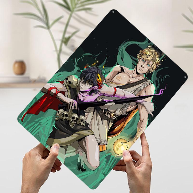 Hades Spiel Fanart Zagreus und Apollo Blechposter Benutzerdefinierte Wandkunst Vintage Retro Metallschilder für Gamer Zimmer Dekoration