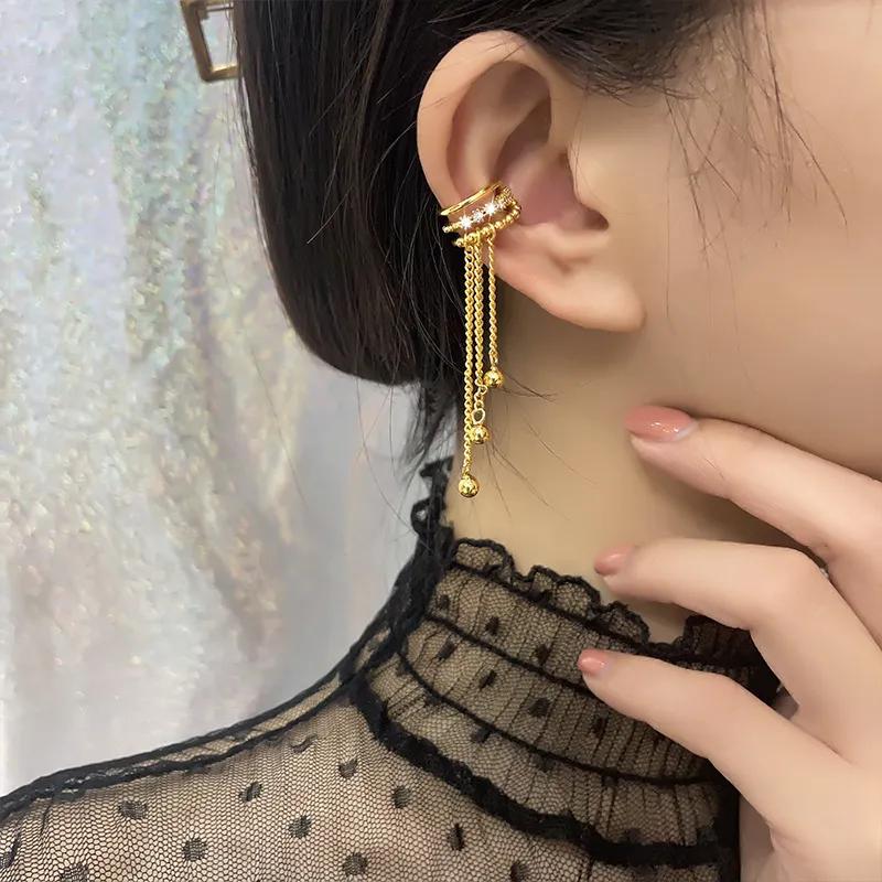 Korean Fashion Ear Clip Piercing Tassel Earrings for Girls Women Silver Color Zircon No Ear Hole Cartilage Jewelry LAMOON