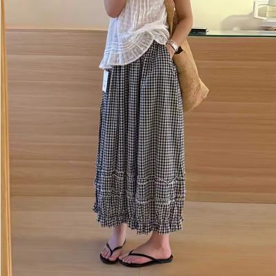 Pantaloni Harem Dama Vara Usori cu Carouri si Bordura din Dantela: Pantaloni casual lejeri, cu talie înaltă, subțietori, croială largă, scurți