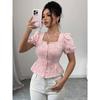 Elegant Summer Embroidered Floral Pattern Blouse With Square Neck And Puff Sleeve For Women