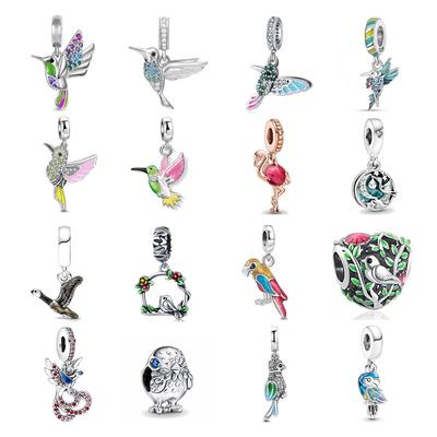 New Fine 925 Silver Pink Glass Flamingo Dangle Bead Pendat Fit Original Fasion Bracelet Jewelry Shiny Colored Zircon Bird Charm