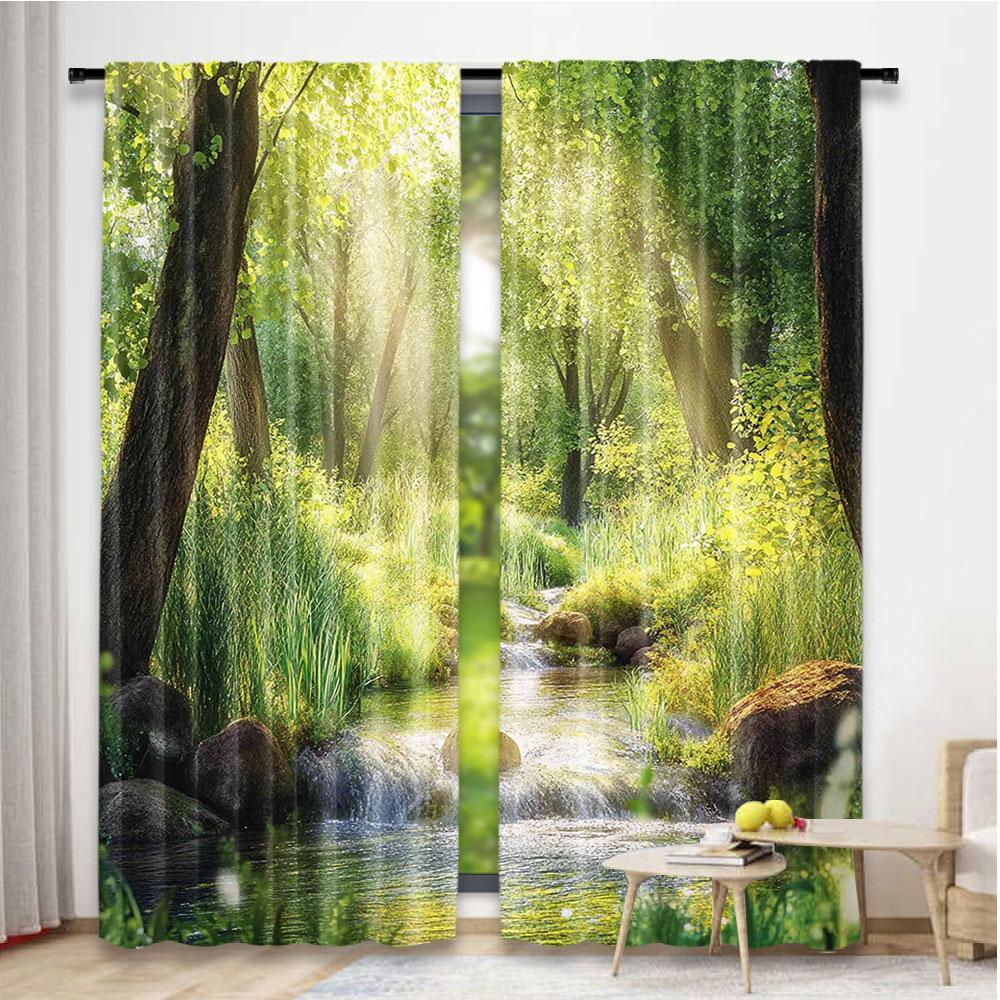 2Pcs Forest Curtain Stream Cascade In Tropical Forest Among Trees Jungle Woodland Serene Landscape Suitable For Living Room