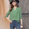 Damen T-Shirt Frühling Sommer Langarm V-Ausschnitt Chiffon Locker Kariert Druckweibliche Kleidung Mode Elegant Lässig Tops